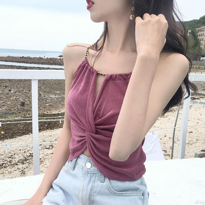 Áo Tank Top xoắn ngực dây xích cổ thời trang nữ