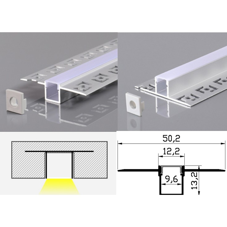 Thanh Nhôm LED Âm Trần Chữ U Kích Thước 50.2 x 13.2mm (lòng 9.6mm)