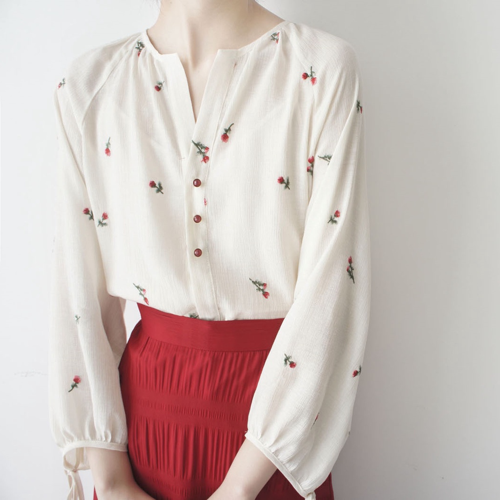 Áo Sơ Mi Chiffon Cổ Chữ v Tay Phồng In Hoa Thời Trang Xuân Thu Cao Cấp Phong Cách Phương Tây Cho Nữ