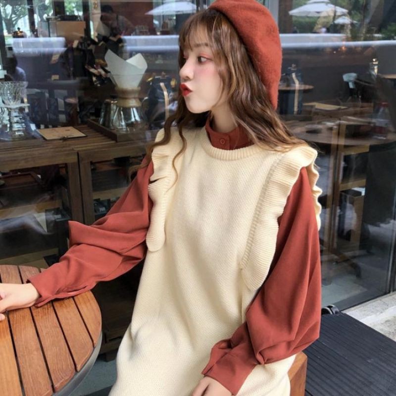 Set váy len dệt cánh tiên điệu đà + áo somi cổ tàu sang chảnh