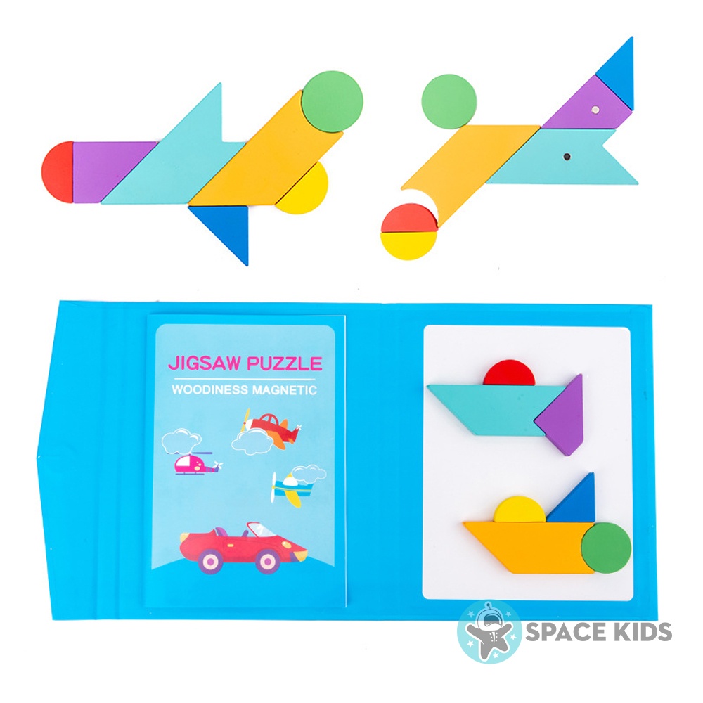 Đồ chơi cho bé Xếp hình gỗ Tangram nam châm có kèm sách cho trẻ rèn luyện tư duy sáng tạo Space kids