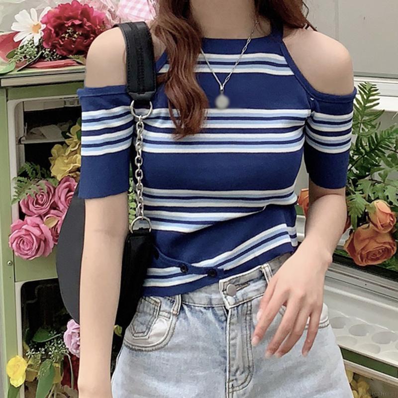 Áo dệt kim cổ tròn thiết kế trễ vai cho nữ