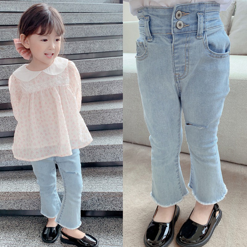 Quần Jeans Lưng Cao Co Giãn Thiết Kế Xẻ Rách Phong Cách Hàn Quốc Cho Bé Gái