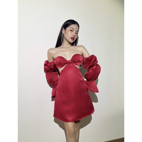Đầm Tafta đỏ trễ vai khoét eo tay phồng quyến rũ - Byveestyle