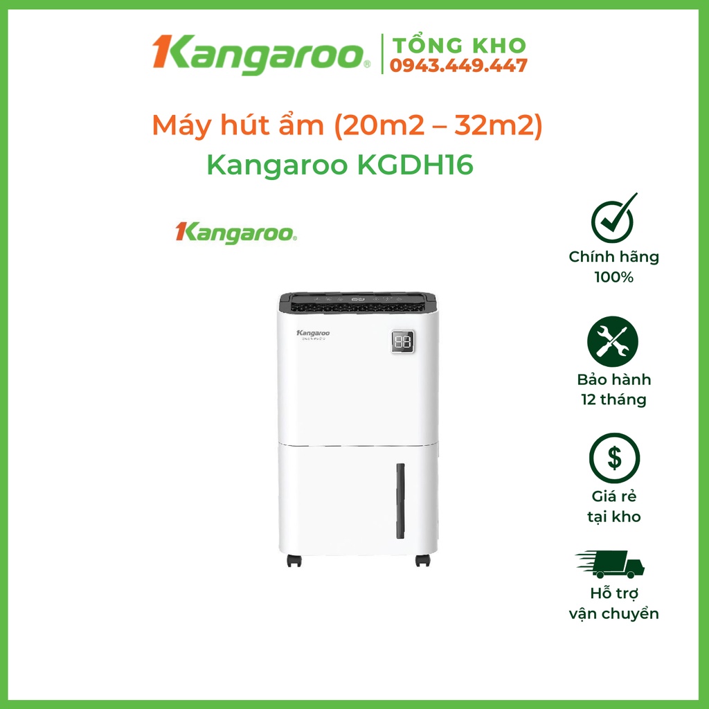 Máy hút ẩm Kangaroo KGDH16 (hút ẩm, lọc không khí, sấy quần áo) bình chứa 2L phù hợp diện tích 20m2 