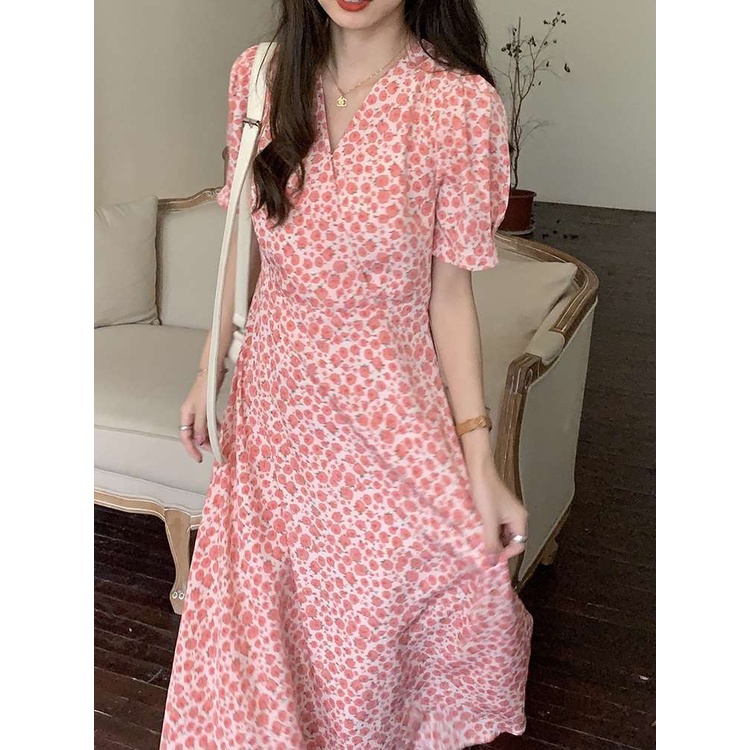 Đầm Hoa Hồng Nhấn Eo Phong Cách Pháp Thời Trang Mùa Hè Cho Nữ