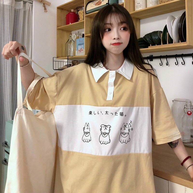 [ hình thật ở cuối ] Áo Thun Polo Unisex Tay Lỡ Form Rộng in hoạ tiết hoạt hình Mèo Con Cute và đáng yêu M0109