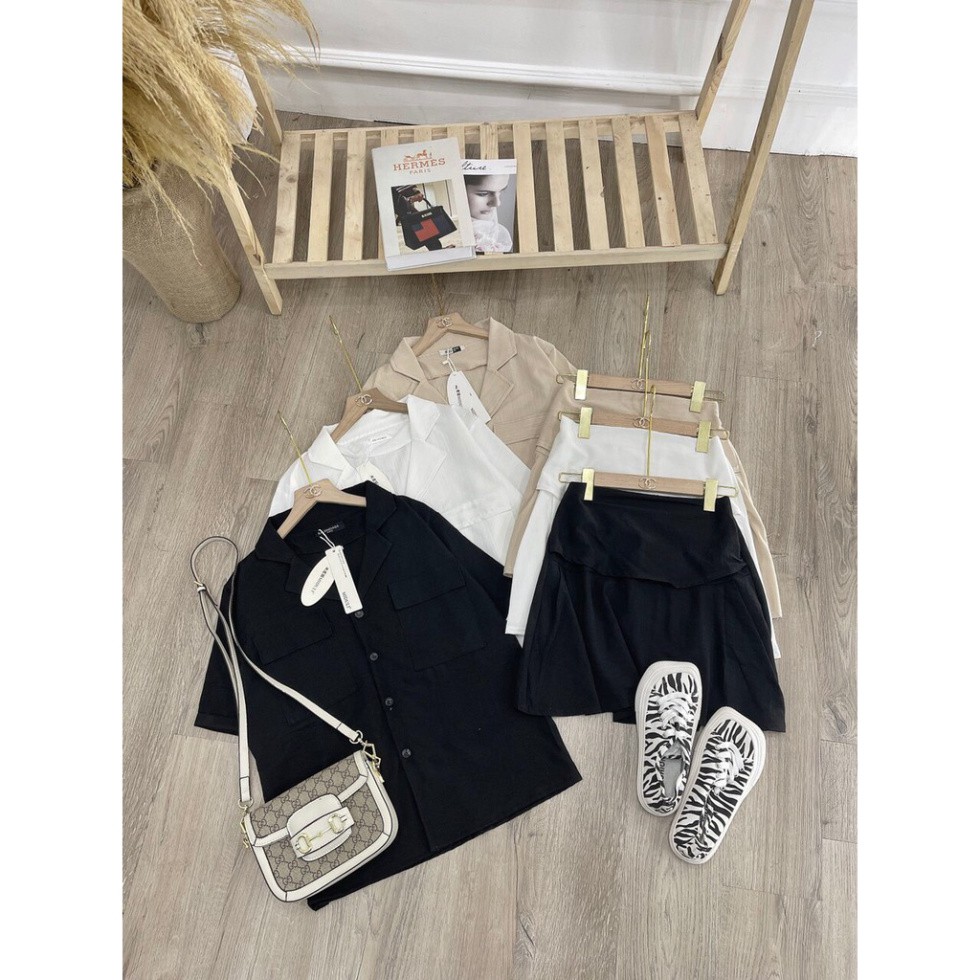 Áo sơ mi cổ vest kèm chân váy ngắn cách điệu Vải đũi thái siêu cao cấp - áo vest cộc tay ulzzang xiao chất đẹp