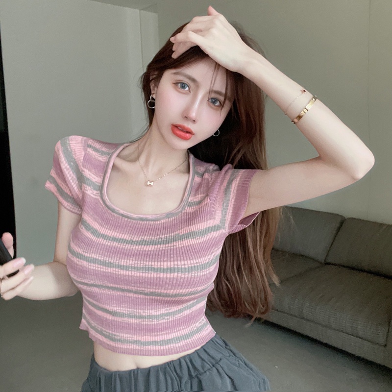 Áo Thun Ngắn Tay Cổ Vuông Họa Tiết Kẻ Sọc Màu Tương Phản Thời Trang Mùa Hè Dễ Phối Đồ Cho Nữ