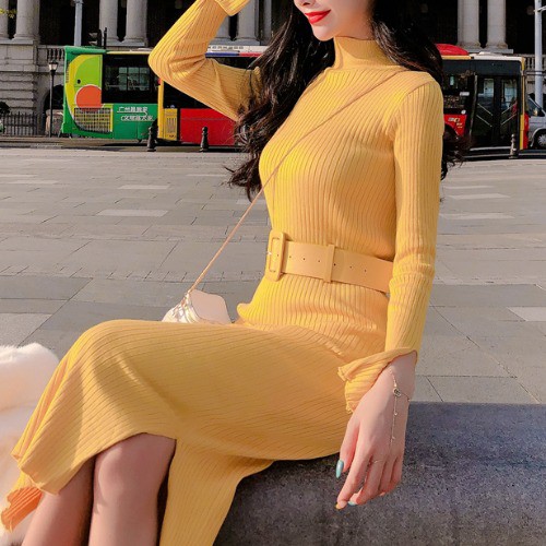 Set Đầm Xẻ Tà Và Áo Khoác Len Thời Trang Dành Cho Nữ