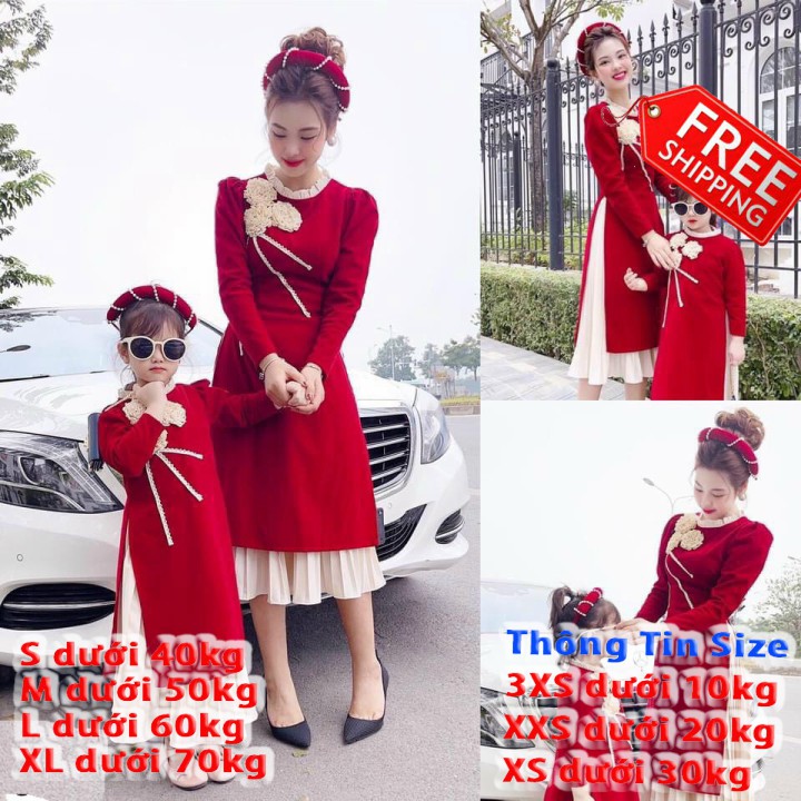 Set Áo Dài Cách Tân Du Xuân Phối Hoa Ngực Chân Vấy Xếp Li Có Size Cho Mẹ Và Bé Tùy Chọn Chất Liệu Nhung Mềm Mịn Ấm Áp Th