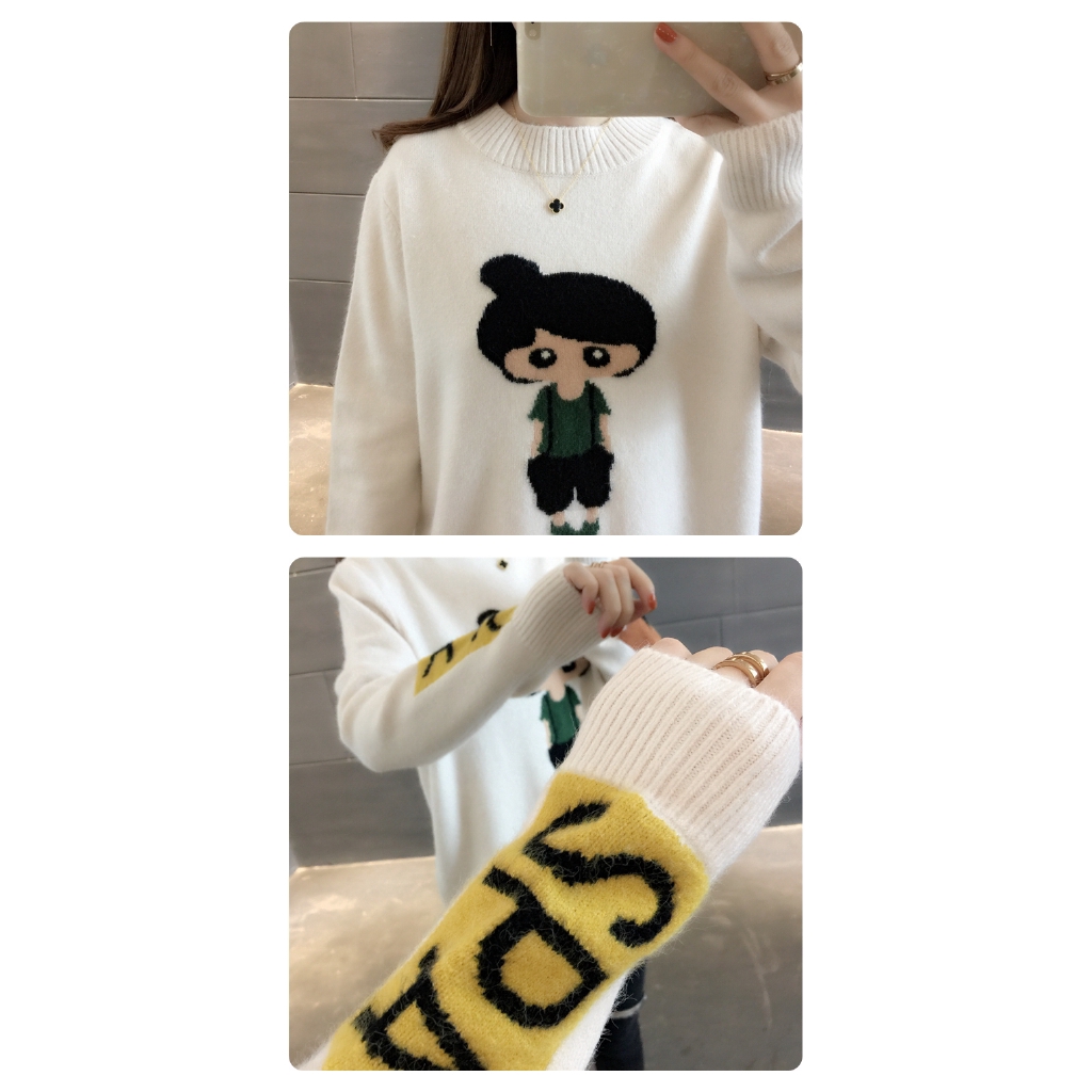 Áo len dài tay họa tiết hoạt hình phong cách Hàn Quốc xinh xắn cho nữ | BigBuy360 - bigbuy360.vn