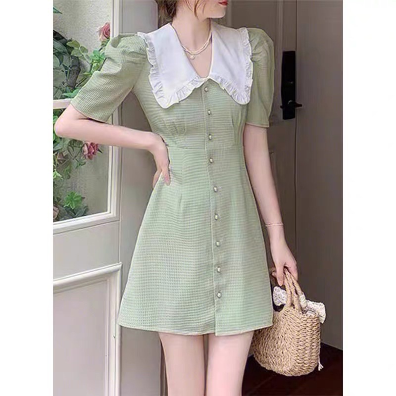 Váy Xốp Xanh Mint Cổ Bèo Khuy ngọc , Đầm vintage màu bơ siêu hot