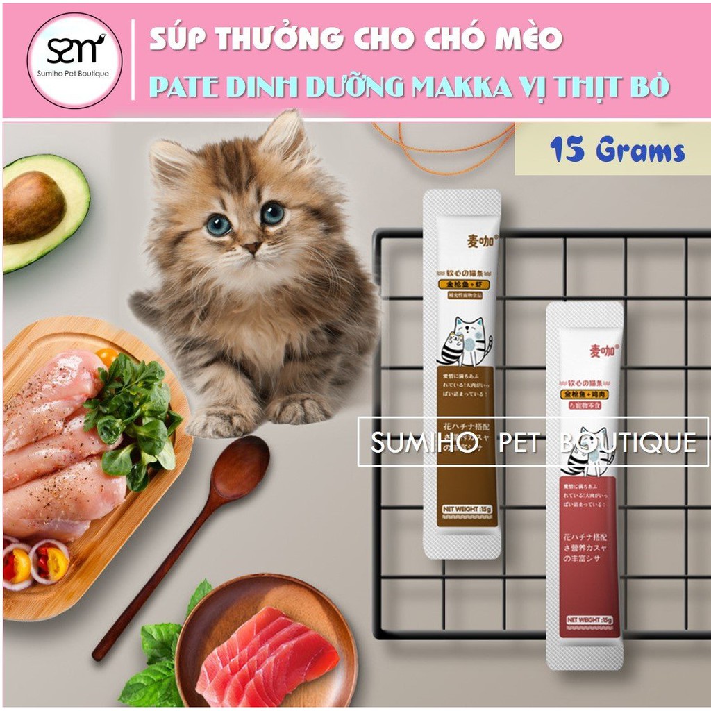 Pate vị thịt bò cho chó mèo Makka (Bịch 15g) súp dinh dưỡng cho cún mèo