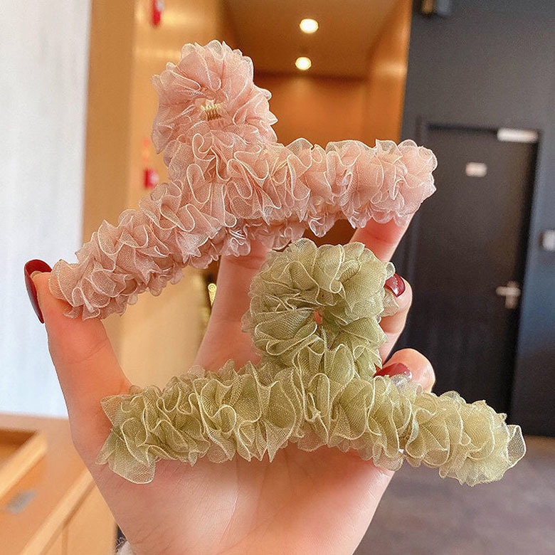 PVN41601 Kẹp tóc nữ càng cua Hàn Quốc vải voan ren màu sắc tươi sáng