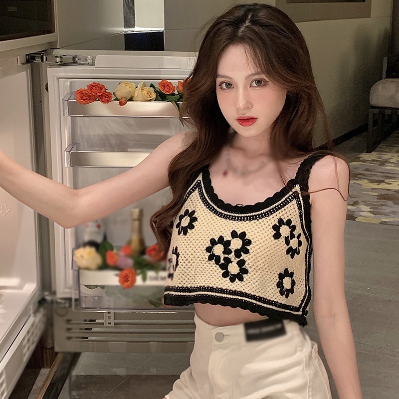 Áo croptop hai dây dệt kim phong cách Hàn Quốc retro thời trang cho nữ