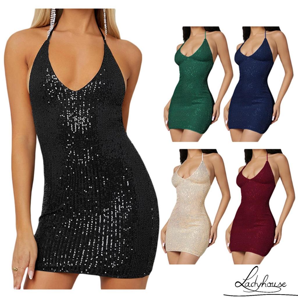 Ld-đầm Ôm Dáng Không Tay Cổ Chữ V Đính Kim Sa Lấp Lánh Có Dây Cột Sau Lưng Cho Nữ