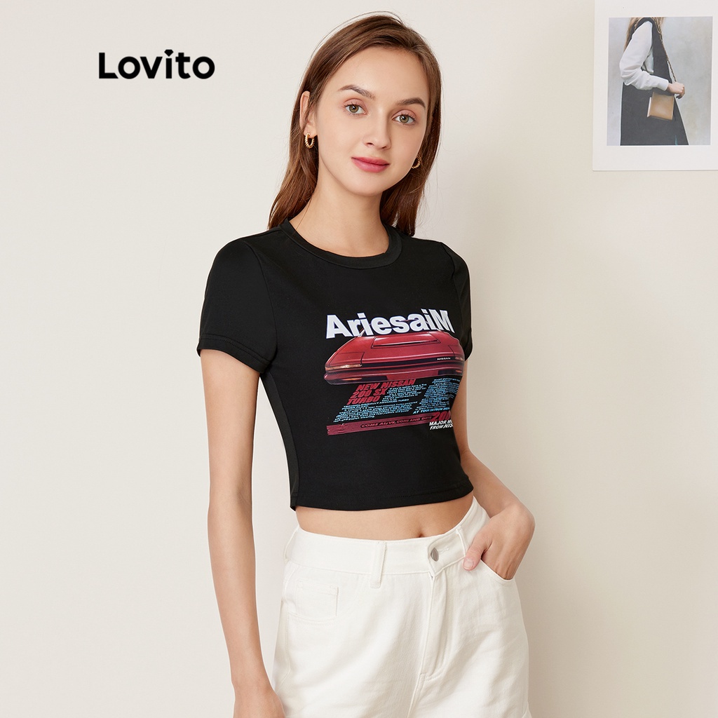 Áo thun Lovito in chữ phong cách thường ngày L27AD020 (màu đen)