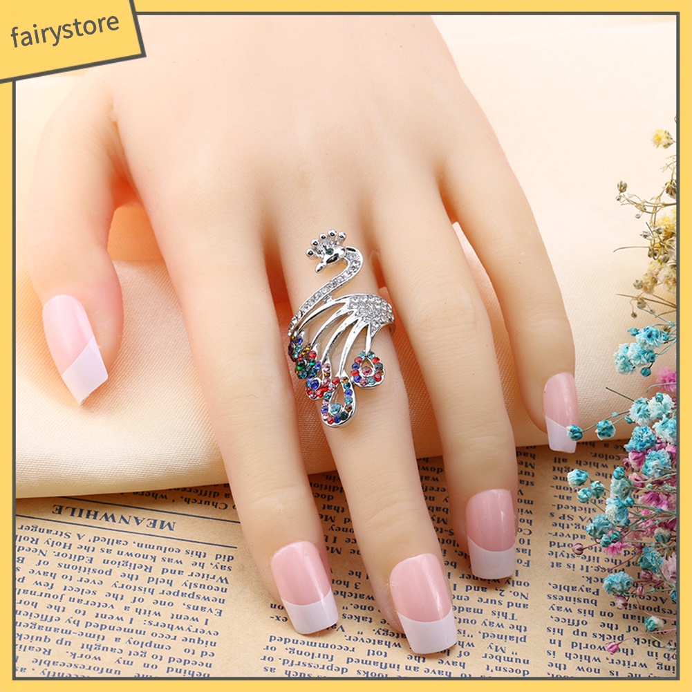 Nhẫn mạ vàng hình chim công đính đá phong cách retro thời trang