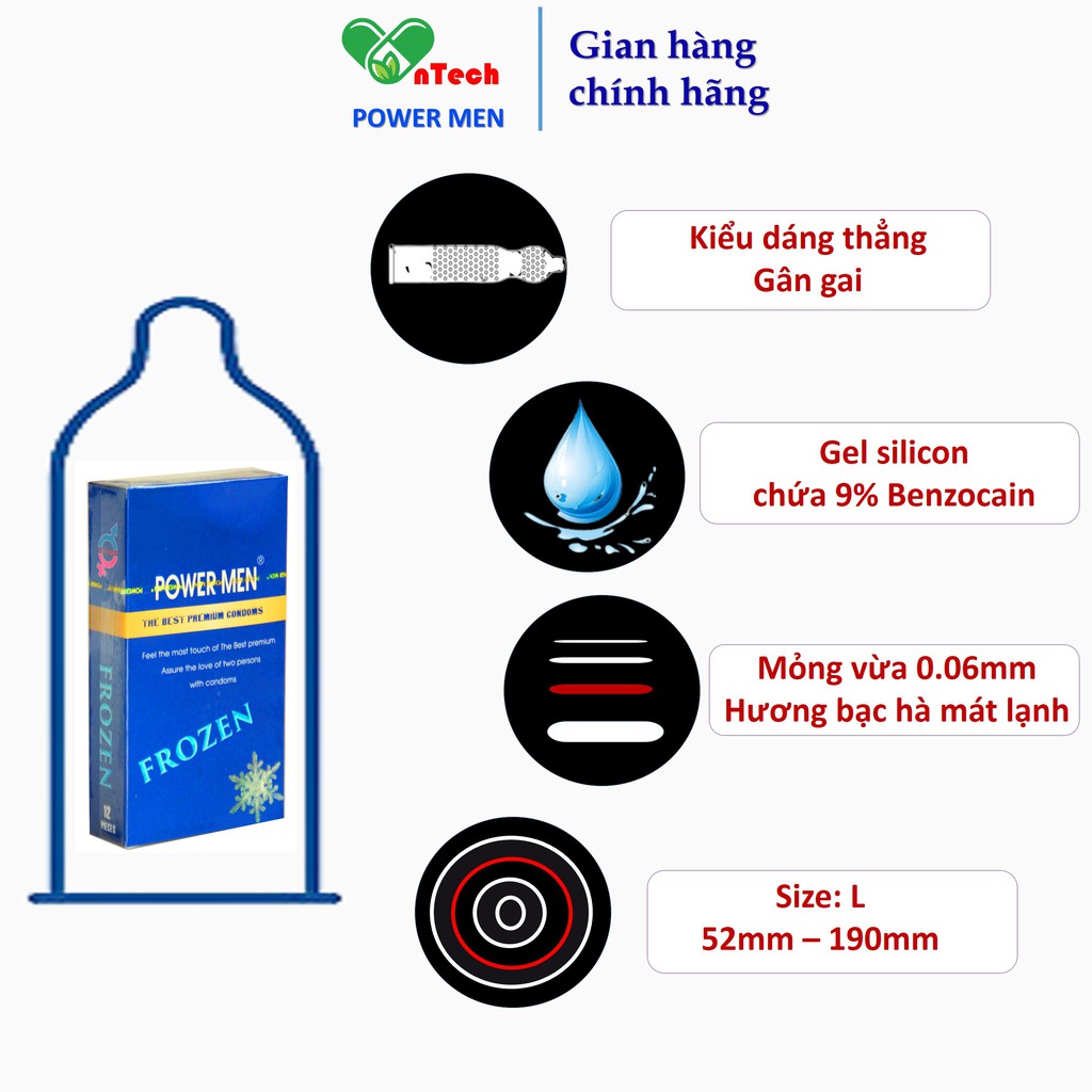 Bao cao su Powermen Frozen gân gai tăng khoái cảm hương bạc hà mát lạnh kéo dài thời gian hộp 12 bcs