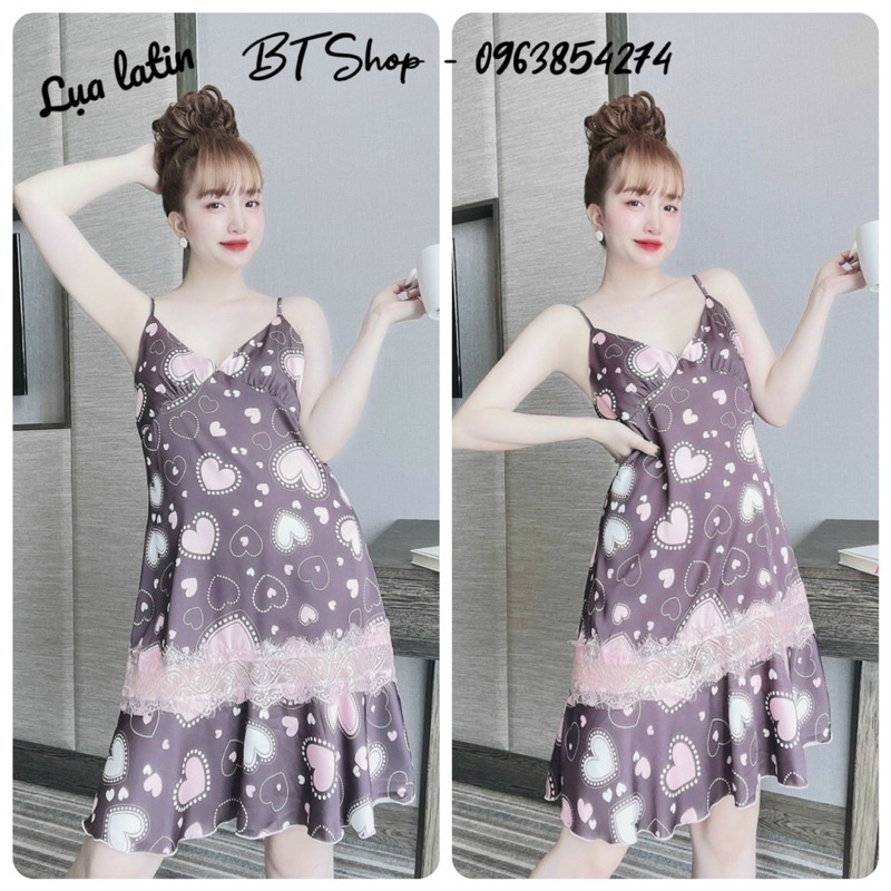 Váy ngủ lụa latin 2 dây đuôi cá phối ren freesize 42-57kg