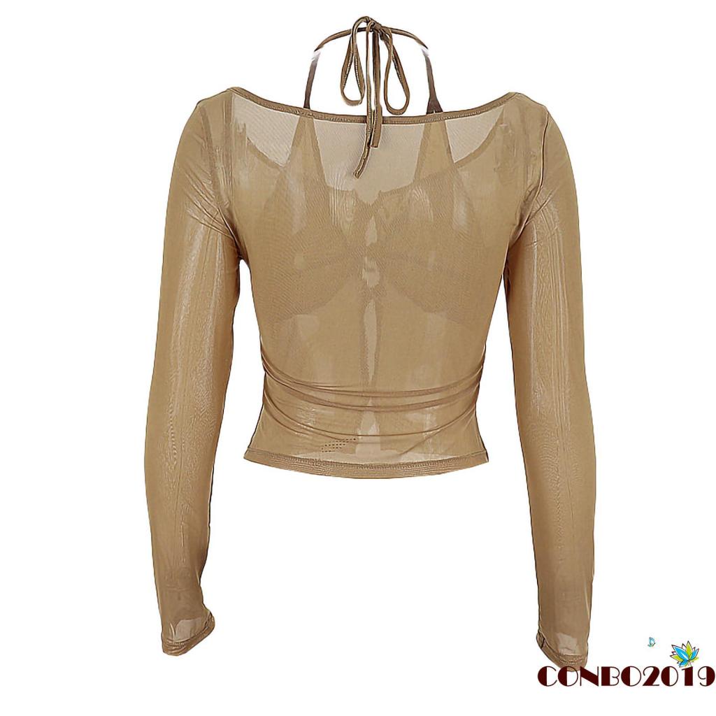 Áo Croptop Tay Dài Dáng Ôm Xuyên Thấu Màu Sắc Đơn Giản Dành Cho Nữ