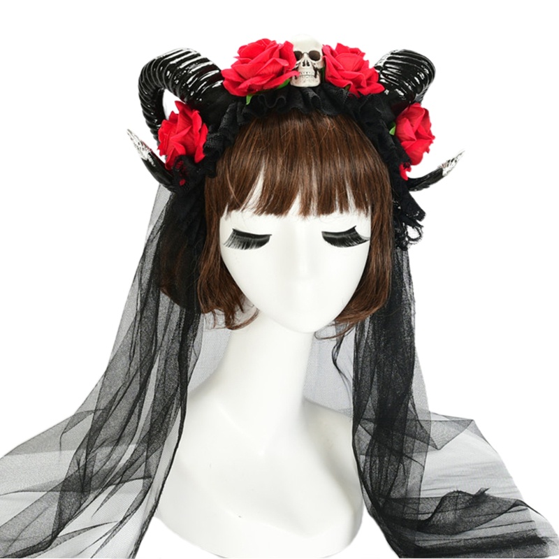 Băng Đô Cài Tóc Hình Sừng Đầu Lâu Phối Mạng Che Mặt Hóa Trang Halloween