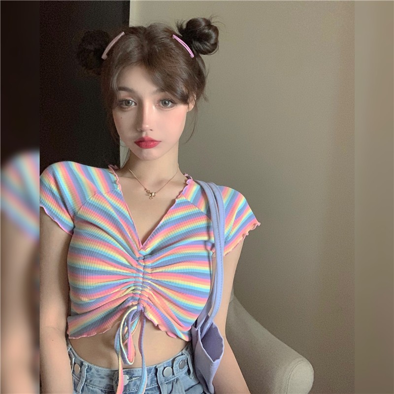 Áo thun croptop ôm body cổ chữ V maàu cầu vồng sọc tay ngắn dây rút hở rốn ulzzang