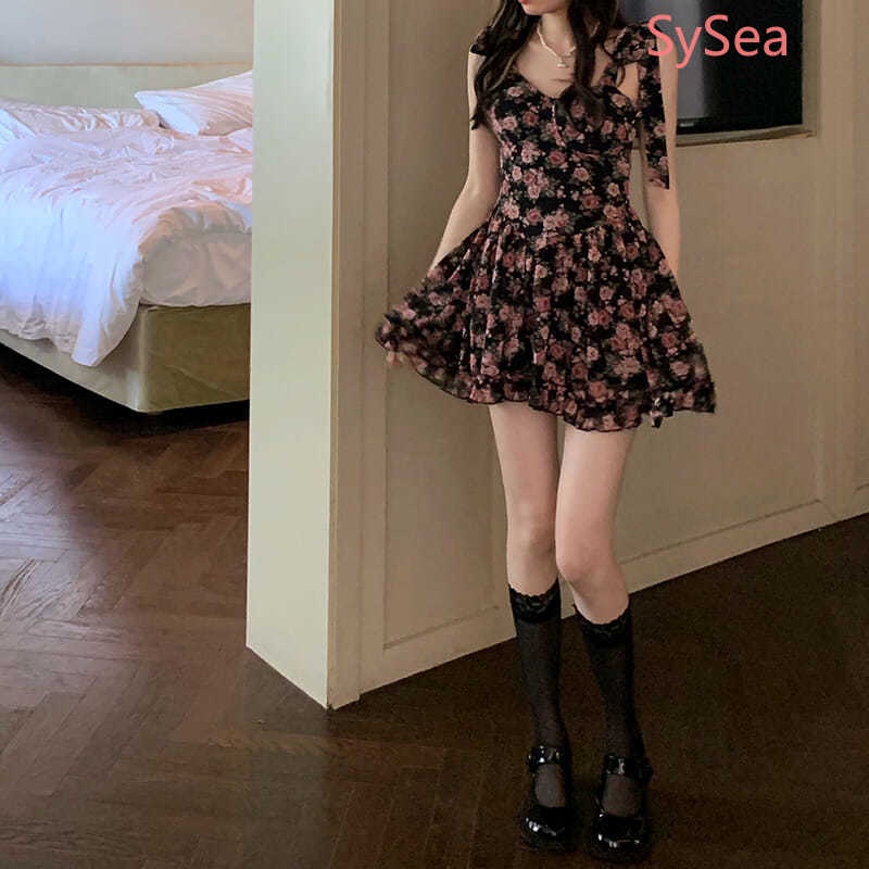 Đầm Hai Dây Họa Tiết Hoa Phối Nơ Phong Cách Hàn Quốc Quyến Rũ Cho Nữ