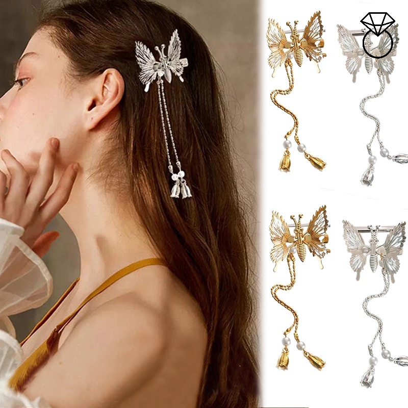Kẹp Tóc Hình Bướm Tua Rua Màu Vàng/Bạc Phong Cách Cổ Điển Thanh Lịch Dành Cho Nữ