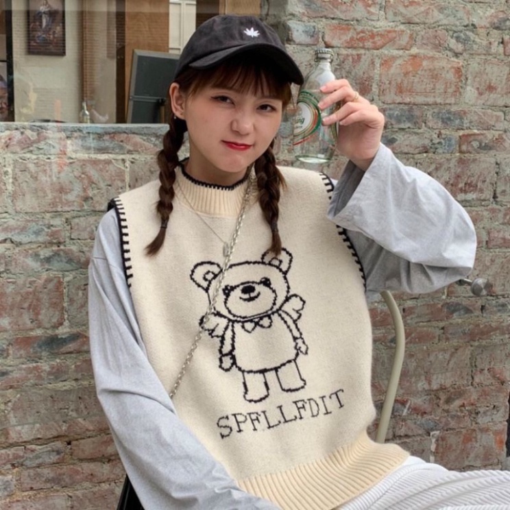 Gile Len Nữ Quảng Châu, Áo Gile Len Form Rộng Unisex Họa Tiết Hình Gấu Cổ Tròn Taobao | BigBuy360 - bigbuy360.vn