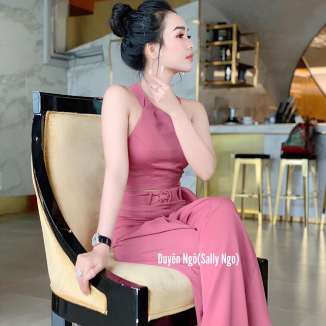 A1557-set áo yếm dây kéo đồng+quần xếp li ống rộng