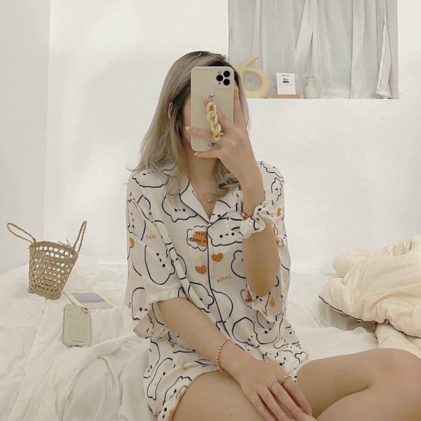 COMBO Bộ Ngủ Pijama Chất Lụa Hoạ Tiết Dễ Thương Kèm Dây Buộc Tóc Scrunchies | BigBuy360 - bigbuy360.vn