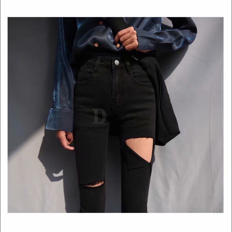 [Hàng caocấp] Quần bò jeans nữ đen ôm rách cạp cao - SHOP THƠM PHẠM