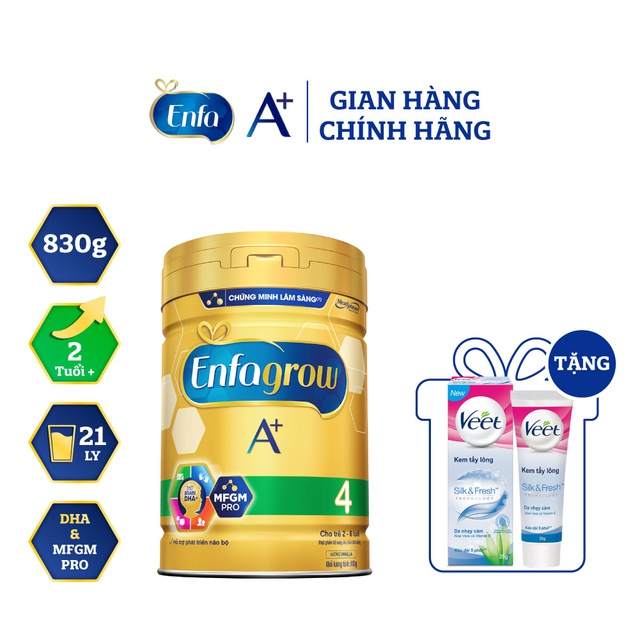 [Tặng Tuýp Kem Tẩy Lông Cho Da Nhạy Cảm Veet 25g] Sữa Bột Enfagrow A+ 4 Với DHA Và MFGM Cho Trẻ Từ 2-6 Tuổi – Lon 830g