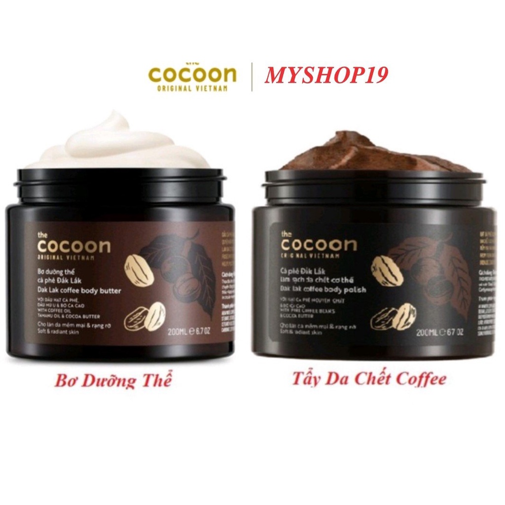 Combo tẩy da chết + bơ dưỡng thể cà phê Đắk Lắk Cocoon làm sạch và dưỡng cơ thể 2x2