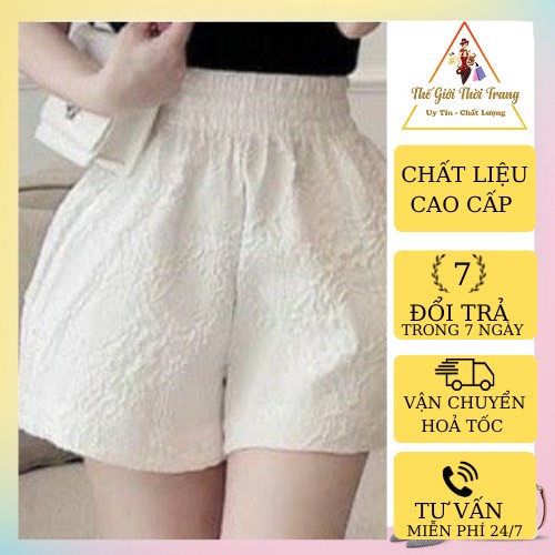 Quần Short Đùi Nữ Phồng Hoa Nổi 2 Màu Dưới 60kg- Quần Nữ Ống Rộng Cạp Cao V029