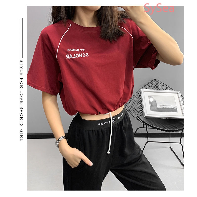 Áo Thun Croptop Tay Ngắn Dáng Rộng Thêu Chữ Trẻ Trung Năng Động Cho Nữ