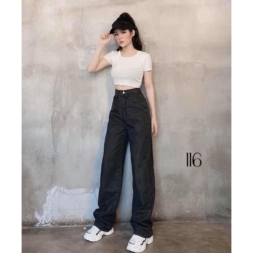 QUẦN JEAN ỐNG RỘNG NỮ ĐAI CAO ĐEN TRƠN MS116 [CLIP THẬT] [FREESHIP] hàng loại 1, chất vải dày