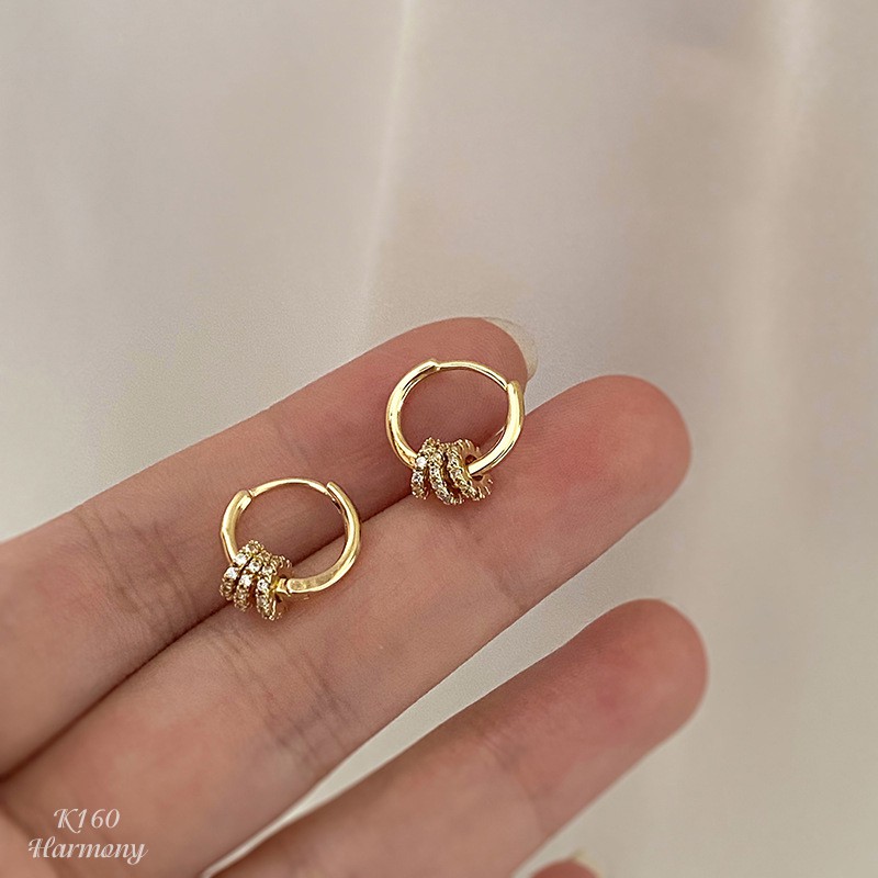 Bông tai, Khuyên tai nữ tròn bạc mạ vàng Three Rings dạng tròn đính đá nữ tính, sang chảnh K160| TRANG SỨC BẠC HARMONY