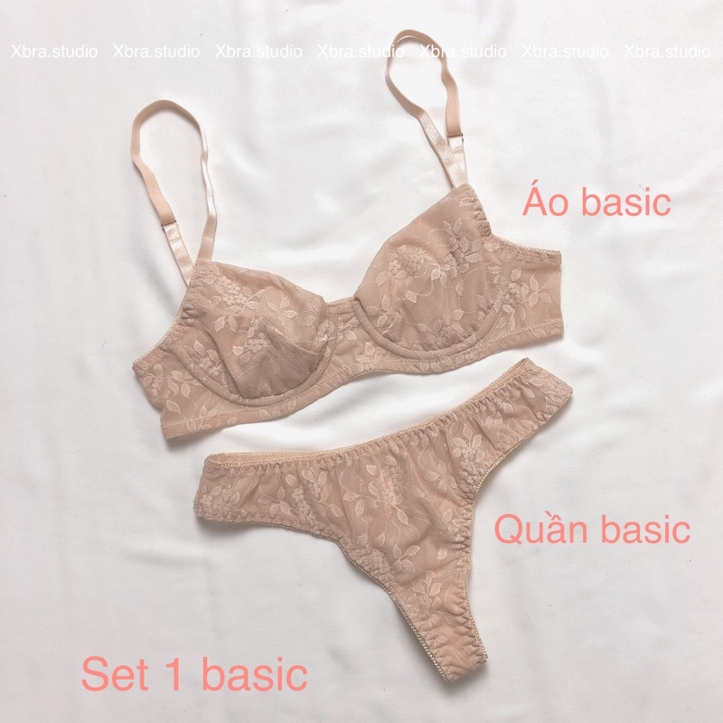 Bộ đồ lót, áo lót có gọng ren lưới thêu hoa màu nude