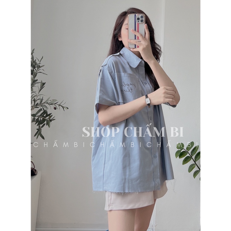 Áo sơ mi basic A.315, Áo sơ mi cộc tay túi ngực chữ thêu SIMPLE THINGS cách điệu - Thời trang nữ Chấm Bi