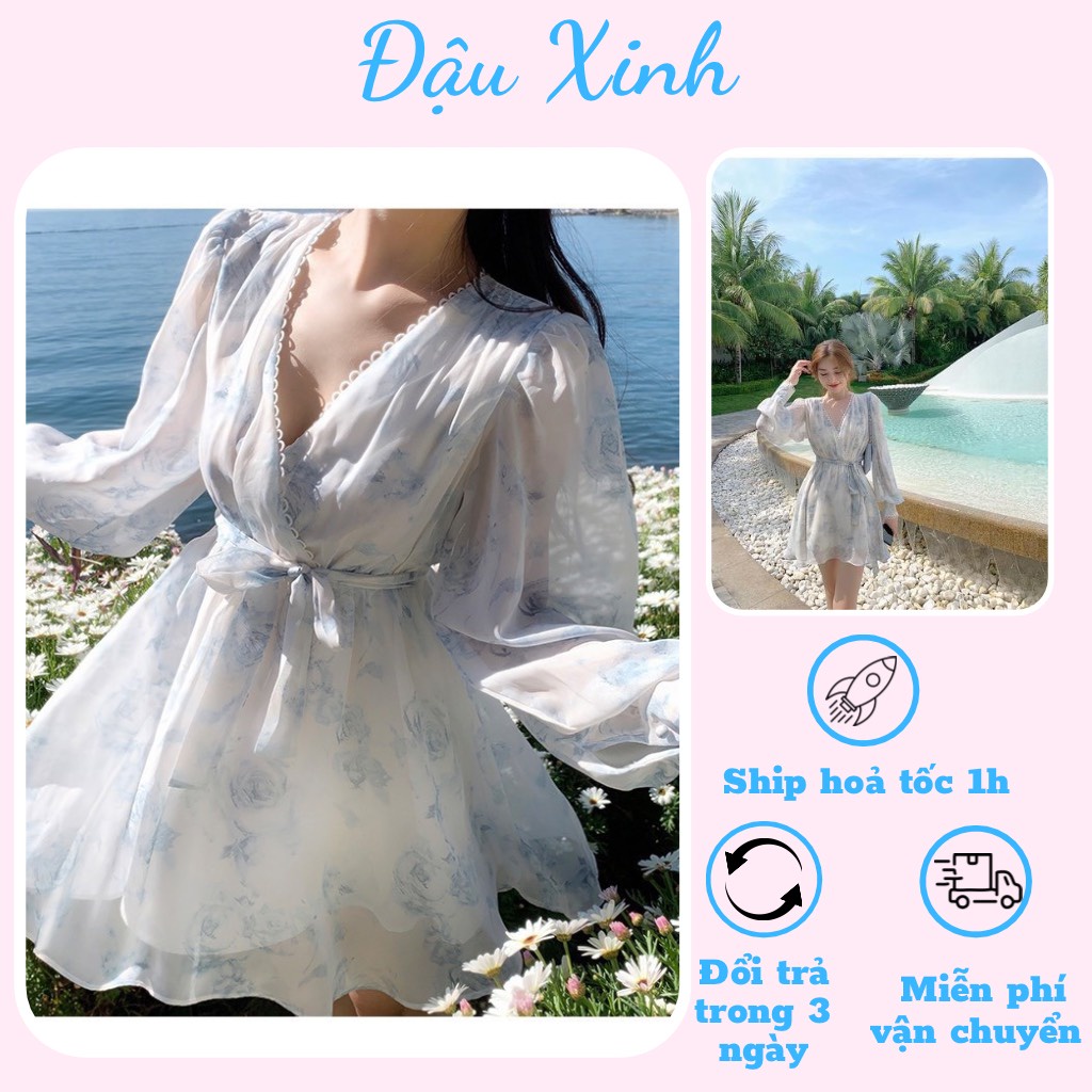 Đầm đi biển váy nữ đi chơi đi tiệc dáng xòe dài tay - V535