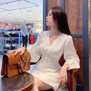 Đầm trắng cổ tim tay dài nút bọc, váy dáng dài tay phồng dễ thương