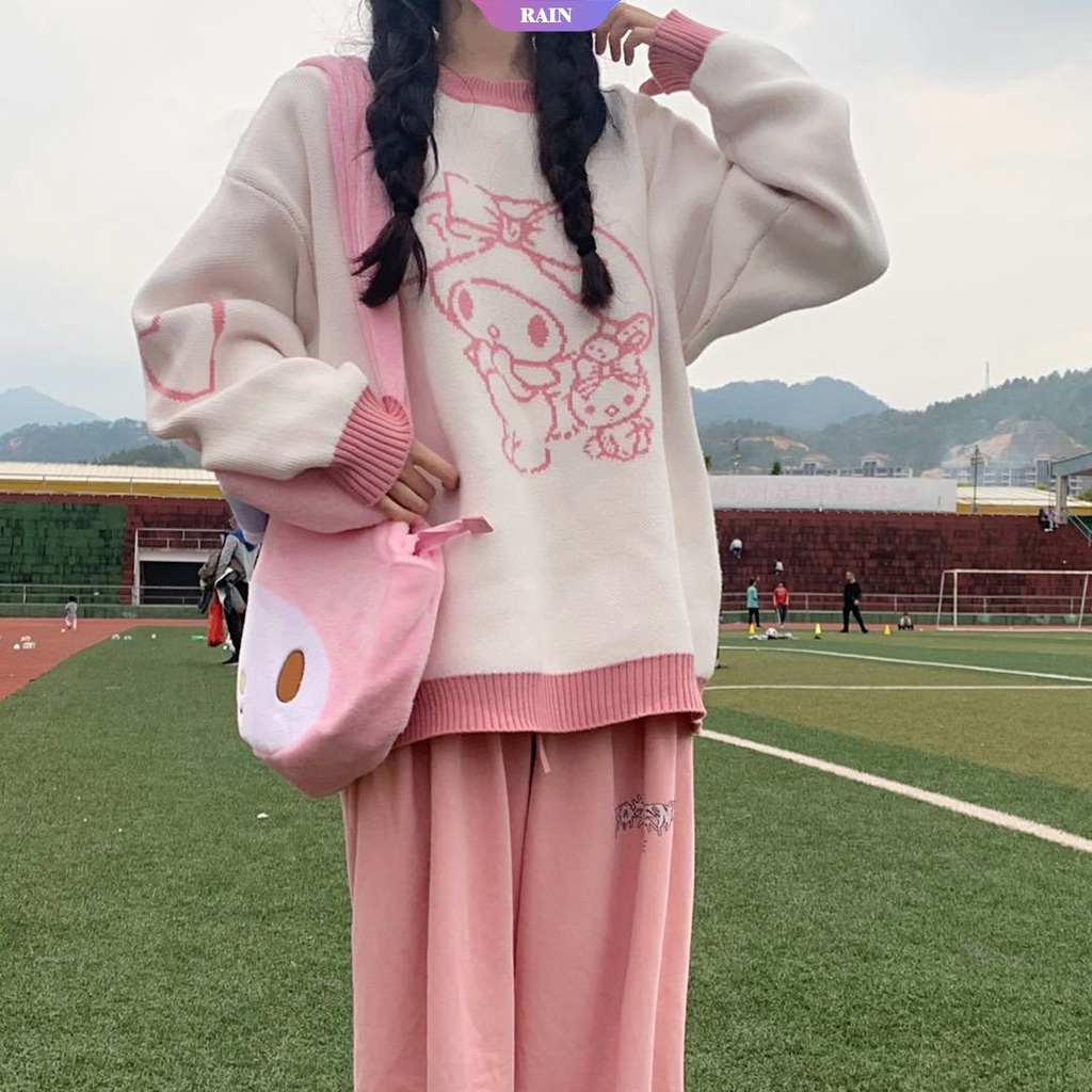 Áo Sweater Dệt Kim Chui Đầu Dáng Rộng Họa Tiết Hoạt Hình Sanrio Cinnamoroll My Melody Phong Cách Kawaii Cho Nữ [RAIN]