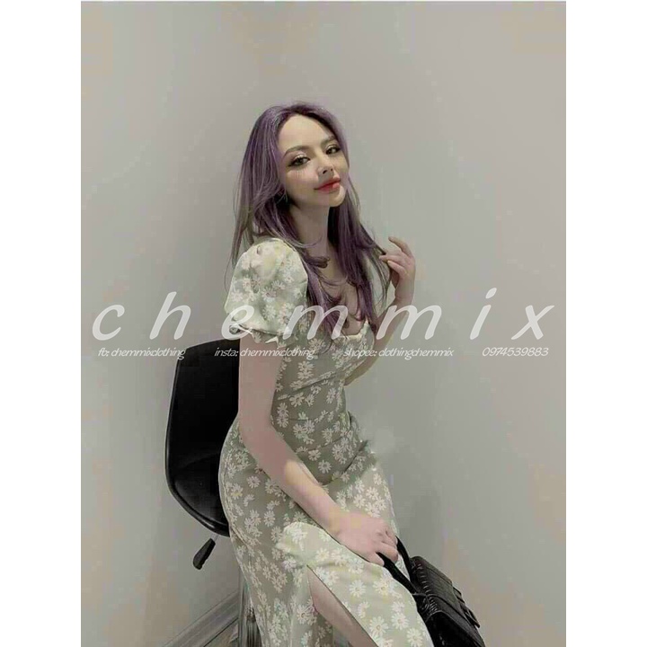 Đầm xẻ tà maxi cổ vuông tay phồng cúc họa mi ChemMix siêu xinh cho nàng đi biển, dạo phố