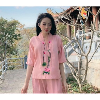 Bộ đồ lam đi chùa thêu hoa sen
