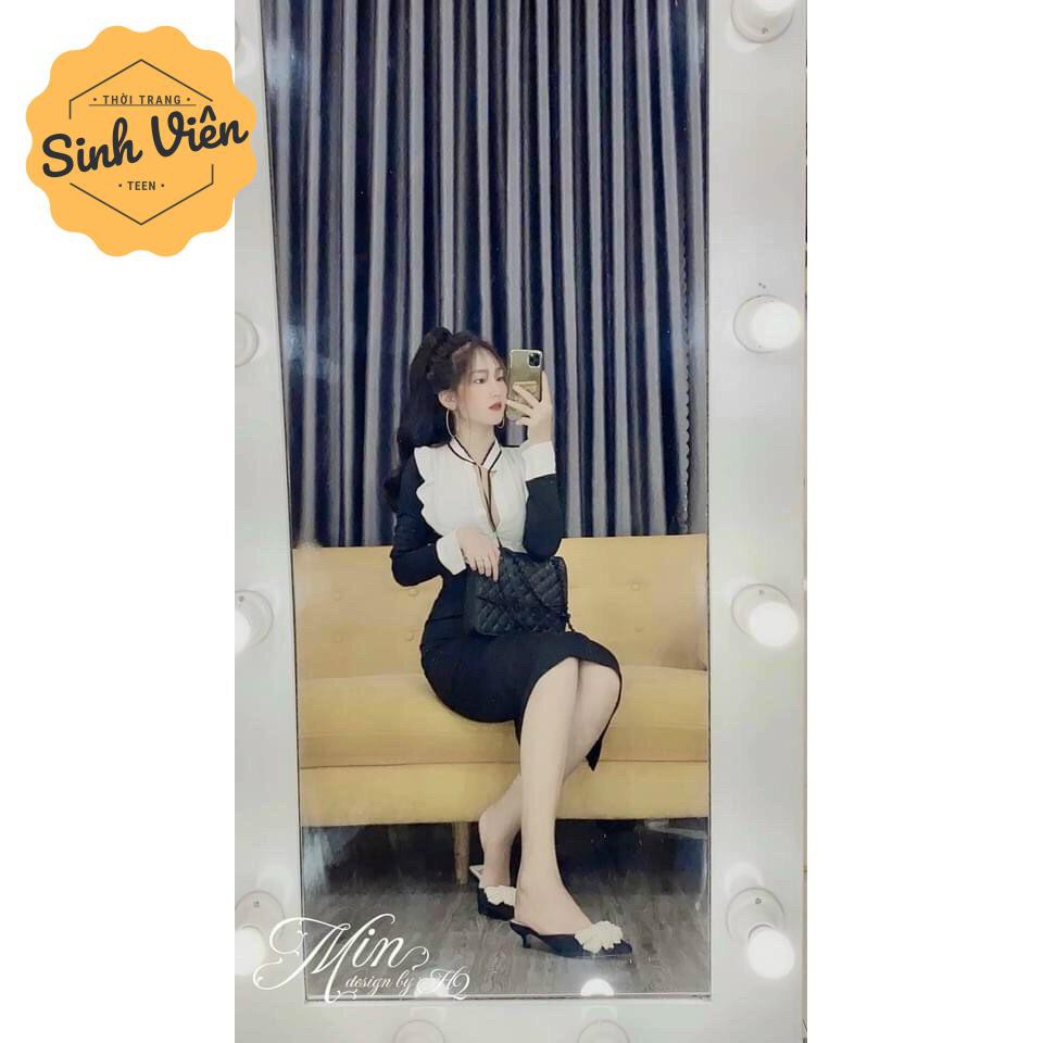 👗Đầm Body Đen Tay Dài tiểu thư👗 Ngực pha trắng phối viền bèo, Cổ thắt nơ tay dài - Váy body đen tiểu thư đẹp | BigBuy360 - bigbuy360.vn