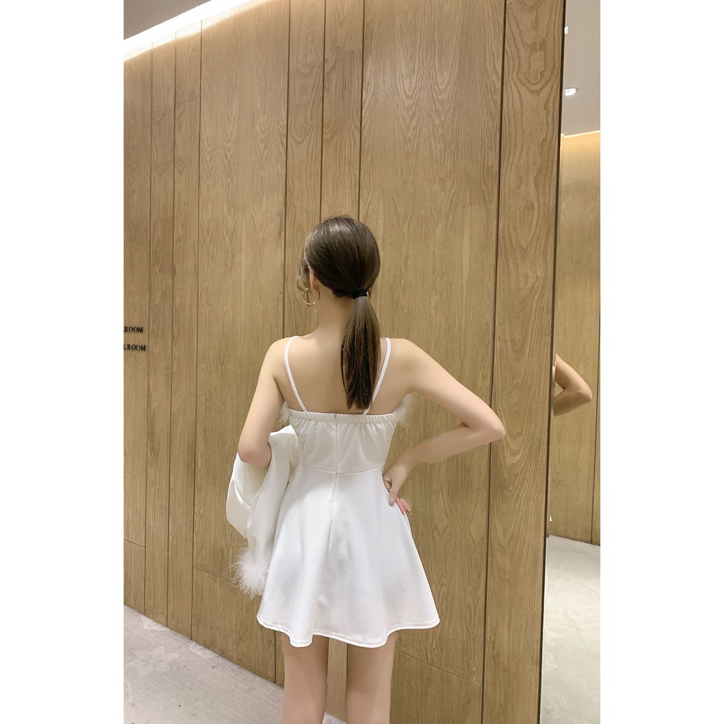 #O44 SET Váy sexy hai dây kết hợp với áo choàng tay lông hàng - Silverorder