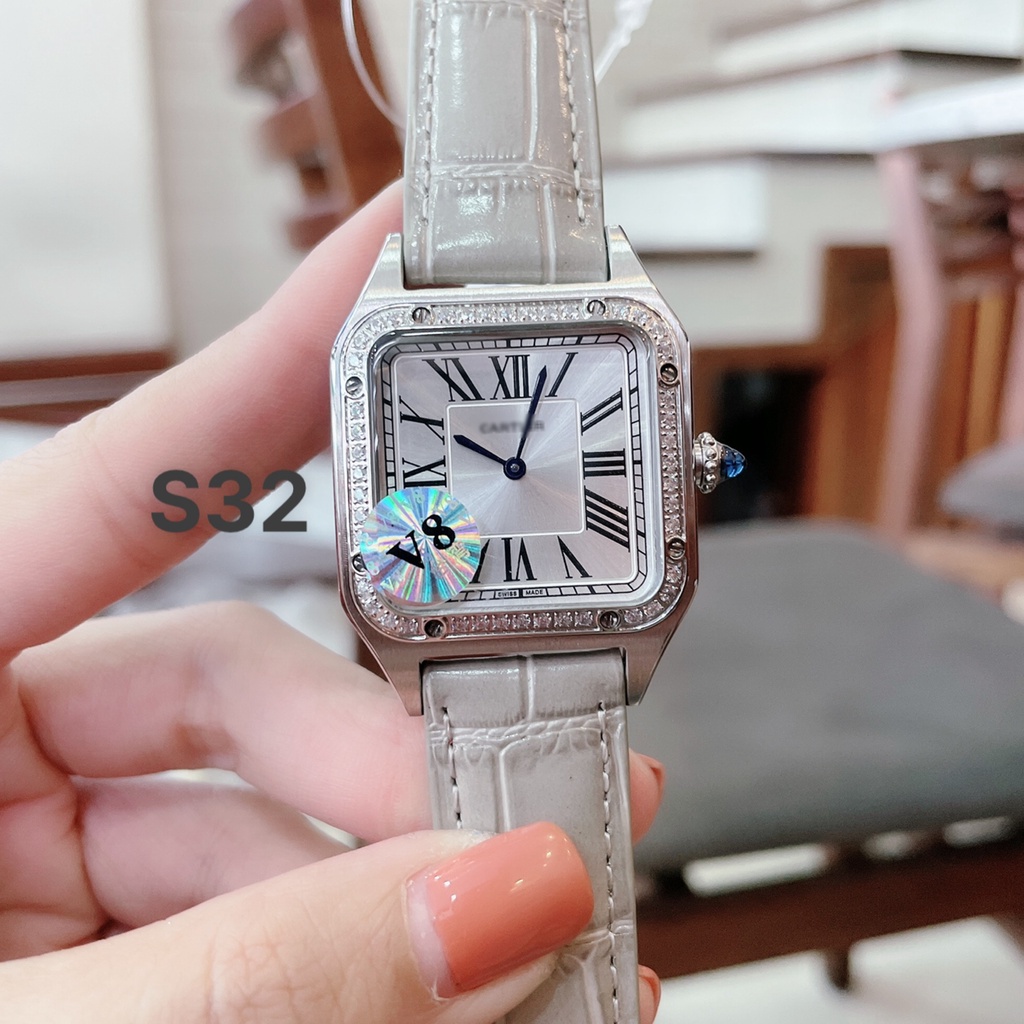 Đồng Hồ Nữ Catier Viền Đính Đá , Máy Pin , Dây Da Vân , Size 28/32mm